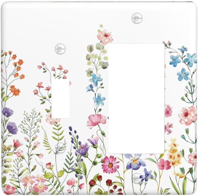 Boho Watercolor Wildflowers Floral Plants Flower Outlet Covers 1 Toggle 1 Rocker Combination Decorative Wall Plate Electrical Switch Plates Light Switch Cover Plate for Bedroom Living Room Decor