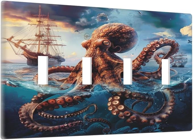 Light Switch Cover Plate Deep Ocean Octopus Sailboat Sea Monster 4 Gang Quad Toggle Decorative Switch Plates Wall Panels Electrical Wall Plates Faceplate for Bathroom Bedroom Decor
