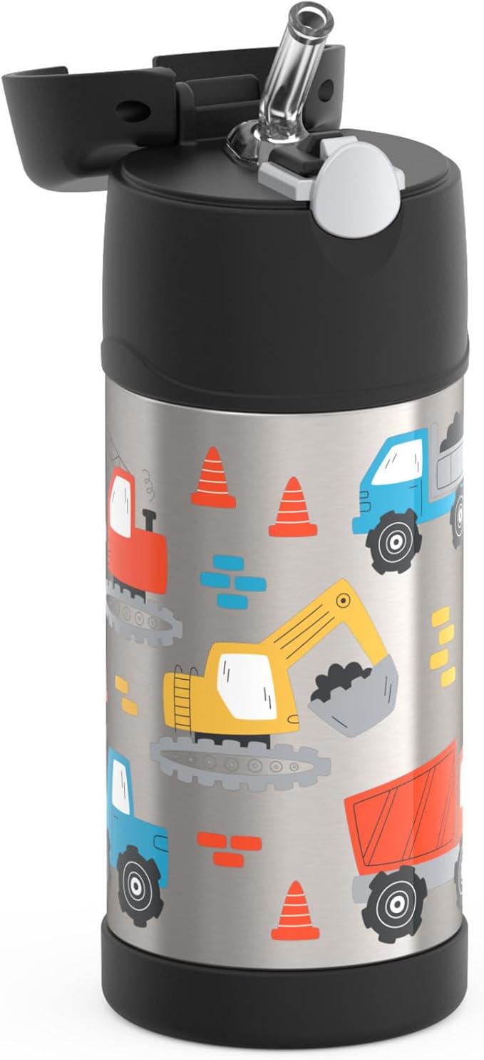 THERMOS FUNTAINER Water Bottle with Straw - 12 Ounce, Construction Site - Kids Stainless Steel Vacuum Insulated Water Bottle with Lid