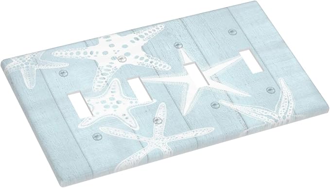 Beach Starfish Vintage Wood Rustic Country Ocean Light Switch Covers Quad Toggle Electrical Faceplate 4 Gang Wall Plate Decorative Switch Plates Cover for Farmhouse Kids Room Decor