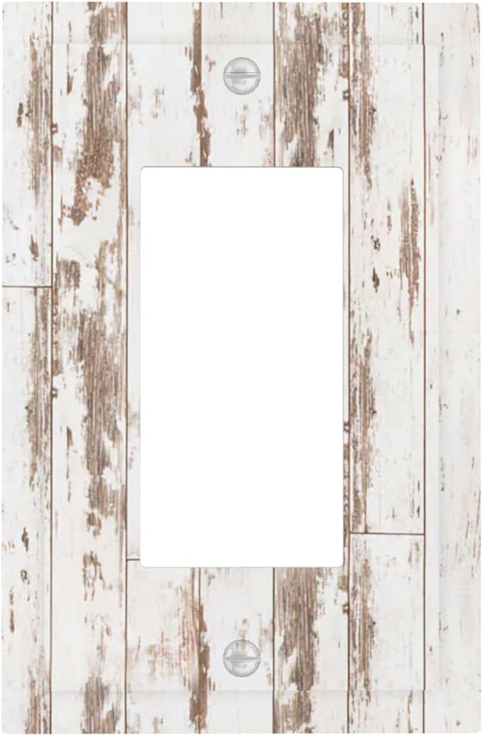 Farmhouse White Brown Wood 1 Gang Rocker/Decor Outlet Light Switch Wall Plate Cover Faceplate Decorative Faceplate Switchplates for Rustic Cabin Barn Bathroom Home Living Room Bedroom Decorate 5" x 3