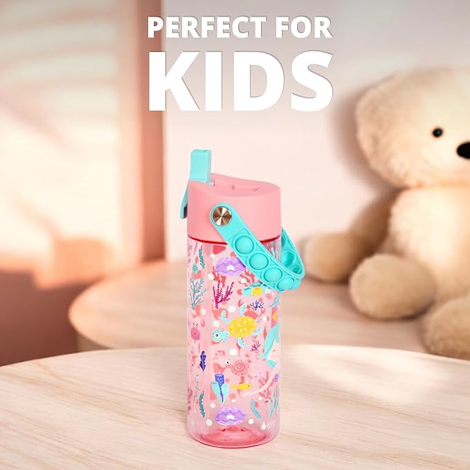 Elemental Water Bottles for Kids - Splash Kids Water Bottle for School with Pop-it Handle - BPA Free Tritan Plastic Water Bottle with Straw Leak Proof when Spout is Closed - Mermaid Rose - 18oz