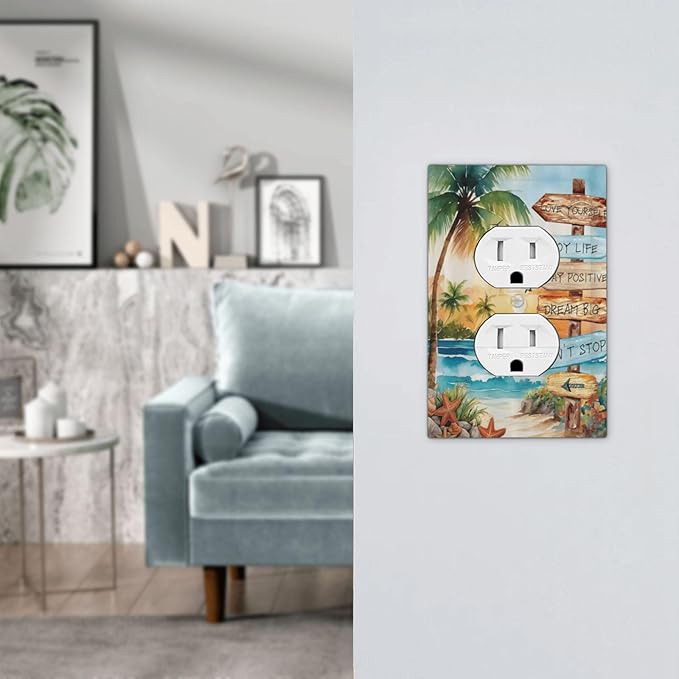Tropical Beach Palm Tree Summer Coastal Ocean Sunset Outlet Covers 1 Gang Duplex Light Switch Cover Decorative Switch Plates Electrical Receptacle Faceplate Wall Plate for Bedroom Living Room Decor