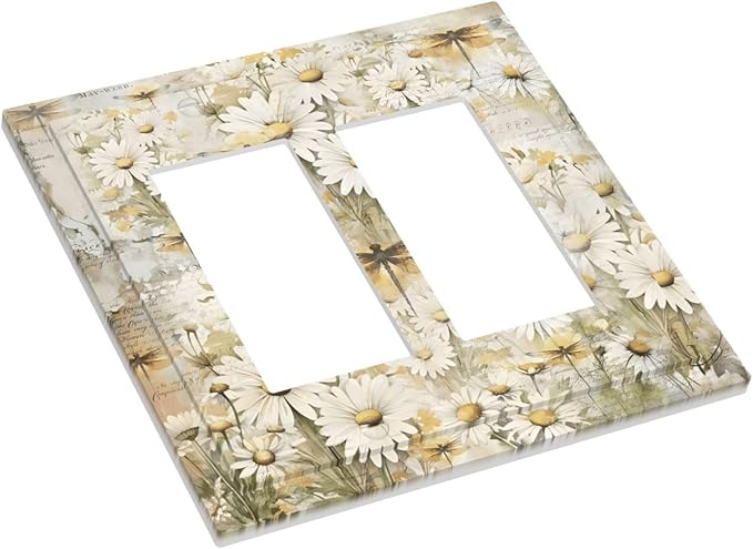 Vintage Letter Paper Wildflowers Dragonfly Daisy Floral Decorative Outlet Covers 2 Gang Double GFCI Rocker Electrical Wall Panels Light Switch Cover Plate for Farmhouse Bedroom Decor