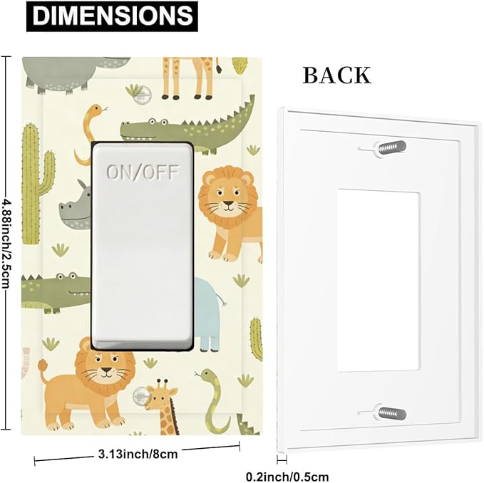 African Safari Animals Single Rocker Switch Cover - 1-Gang Standard US Size Cute Hippo Crocodile Lion Elephant And Giraffe Funny Wildlife Light Switch Covers for Boys & Girls Room Decor