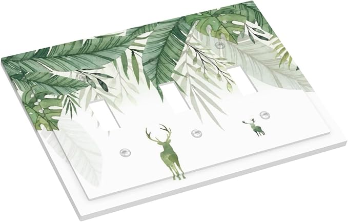 Deer Banana Leaves Palm Trees Green Plants Decorative Switch Plates 3 Gang Wall Plate Triple Toggle Light Switch Cover Faceplate Electrical Wall Panels for Bed Room Living Room Decor