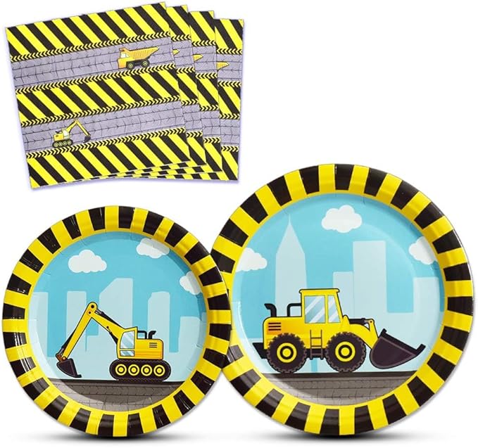 WERNNSAI Construction Party Supplies - Disposable Dump Truck Themed Tableware Set for Boys Kids Birthday Dinner Dessert Plates and Napkins Serves 16 Guests 48PCS