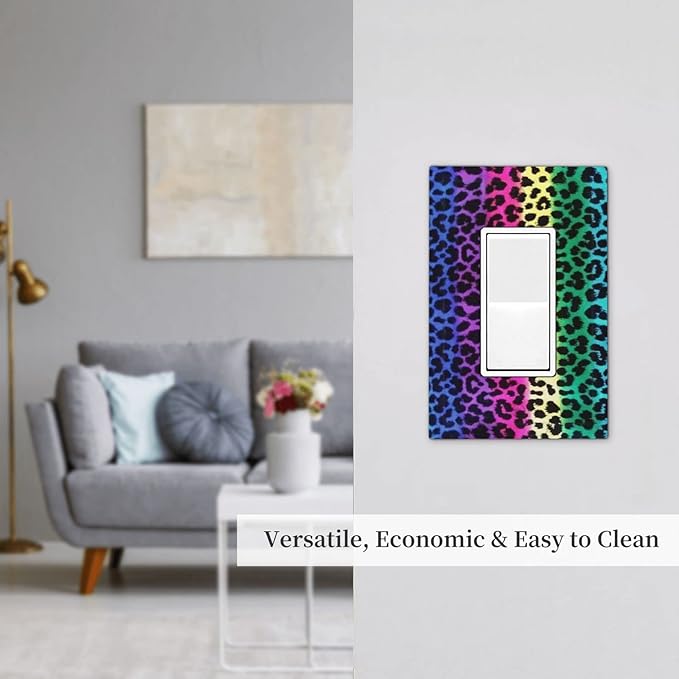 Colorful Leopard Print 1 Gang Light Switch Cover Decor Plastic Faceplate Wall Plate Electrical Outlet Covers Abstract African Wild Animal Cheetah Print Rainbow Modern Fashion Creative Art Home Decor