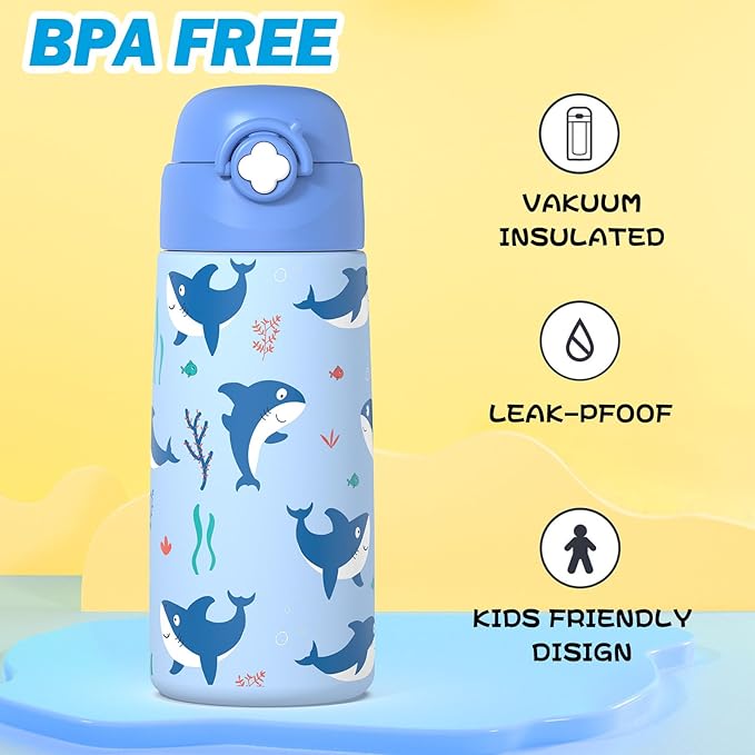 Boys Insulated Water Bottle with Covered Pop-Up Straw,16 oz Kids Cups with Stainless Steel Leak Proof for School（Blue-Shark）