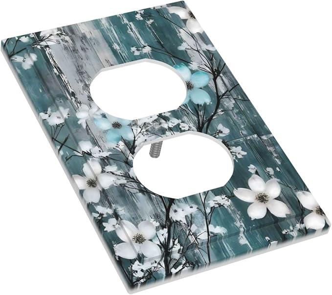 Rustic Blue Watercolor Flower Wooden Background Outlet Covers 1 Gang Duplex Light Switch Cover Decorative Switch Plates Electrical Receptacle Faceplate Wall Plate for Bedroom Living Room Decor