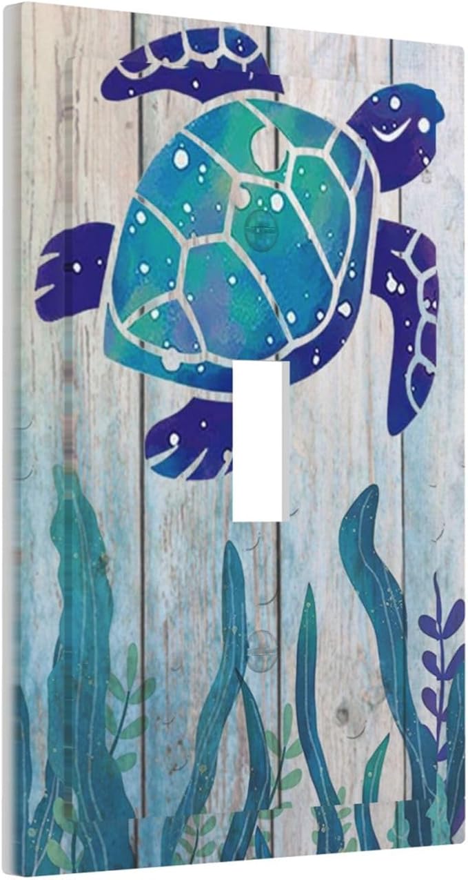Sea Turtle Grass Seaweed on Rustic Wooden Board Single Toggle Wall Plate Covers 1 Gang Light Switch Cover Ocean Grass Seaweed Faceplate Decorative Electrical for Bathroom Kitchen Home Decor
