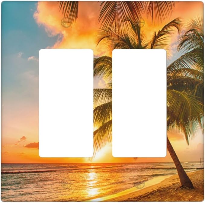 Hawaii Coastal Beach 2 Gang Rocker Decora Light Switch Covers Decorative Palm Tree Sunset Ocean Outlet Covers Wall Plate Electrical Faceplate Switchplate GFCI for Bathroom Bedroom Decor