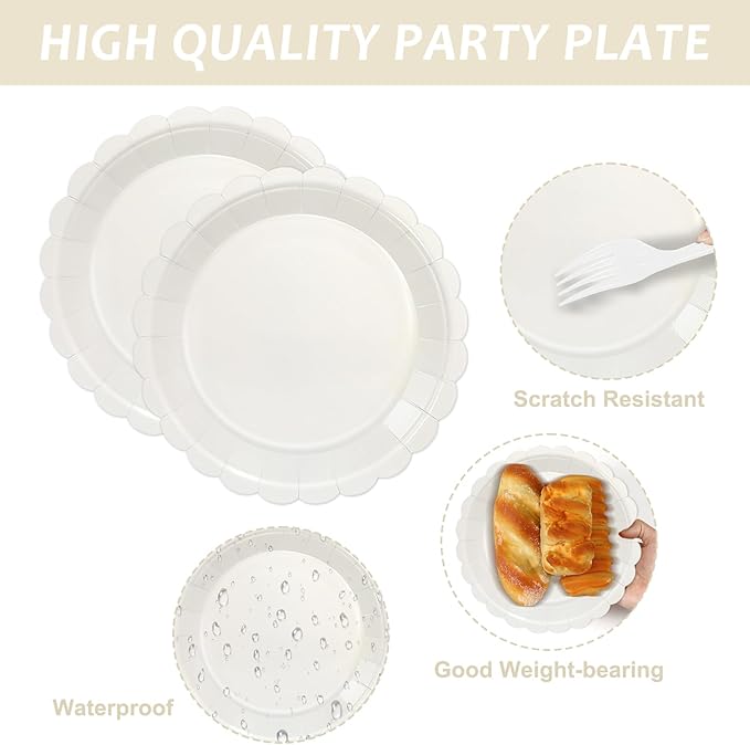 CHUNNIN 50Pcs Cream Scalloped Party Paper Plates and Napkins Scalloped Dessert Plates Birthday Party Decorations Shell Edge Disposable Tableware Set Serves 25 Guest Baby Shower Wedding Supplies