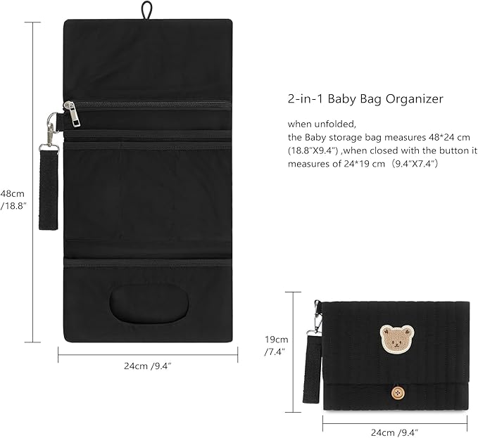 MOMIGO Baby Diaper Bag Organizer Pouches - Waterproof Pod Foldable Diaper Organizer Set, Cute Bear Bag Gift for Baby Shower (Black)