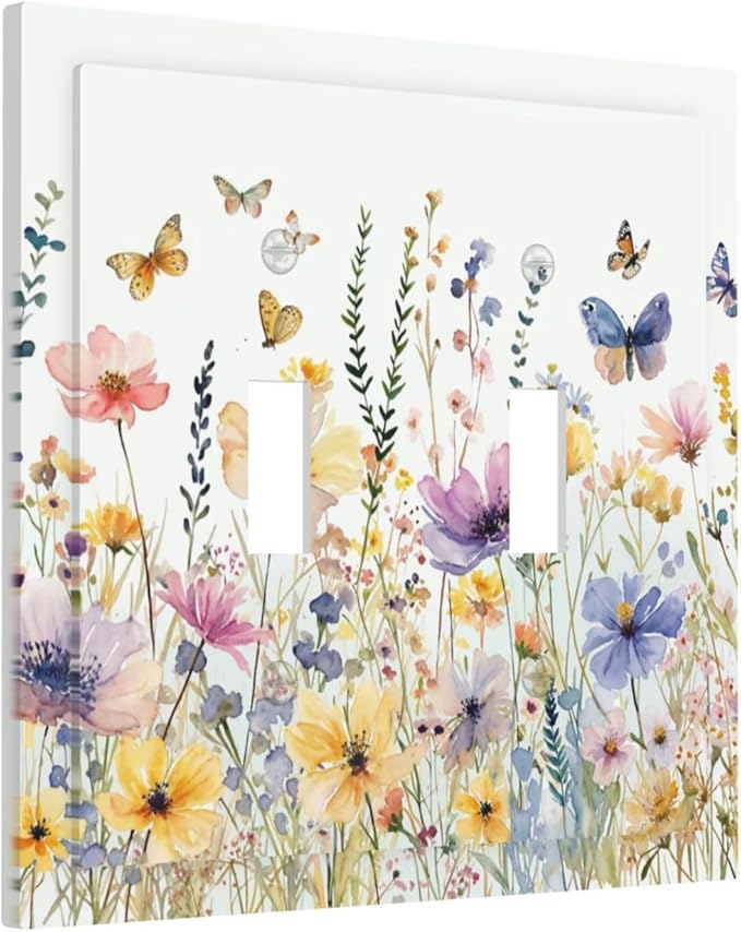 Wildflowers Colorful Flower Butterfly Floral Decorative Switch Plates 2 Gang Double Toggle Outlet Light Switch Cover Wall Plate Electrical Faceplate for Farmhouse Bedroom Decor