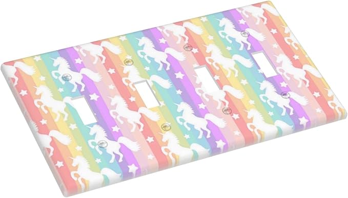 Kids Girls Girly Bedroom Rainbow 4 Gang Device Decorator Outlet Light Switch Cover Plate, Colorful Stars Stripes Unicorn Decorative Funny Pink Teen Animals Quad Toggle Wallplate Faceplate Cover