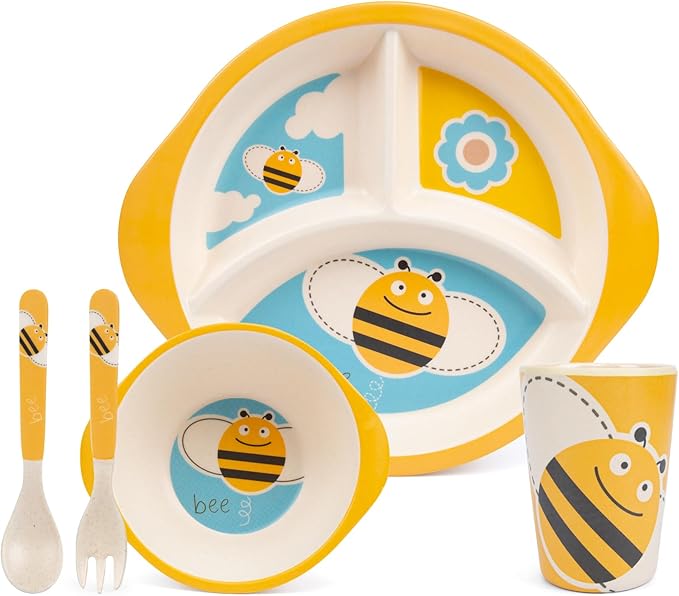 Kids Dinnerware Set, 5-Piece Mealtime Tableware for Children & Toddlers – Includes Divided Plate, Bowl, Cup, Fork & Spoon – Natural Bamboo Fiber, BPA-Free, Dishwasher Safe (Bee)