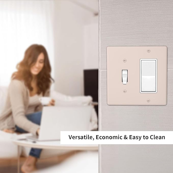 Decorative Solid Yellow Beige 2 Gang Combination Single Toggle with One Rocker/GFCI Light Switch Cover Thick Tan/Cream 1-Toggle 1-Decorator Wall Plate GFCI Combo Receptacle Outlet Faceplate Covers