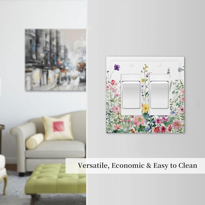 Decorative Outlet Covers Boho Colorful Flowers Plant Rustic Wildflower 2 Gang Double GFCI Rocker Electrical Wall Panels Light Switch Cover Plate for Bed Room Bathroom Decor