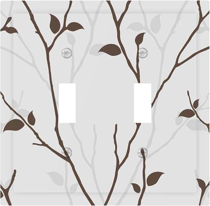 Silhouette Branches Double Toggle Switch Cover - 2-Gang Standard US Size Minimalist Twig & Leaf Light Switch Covers, Rustic Botanical Woodland for Farmhouse Home Decor