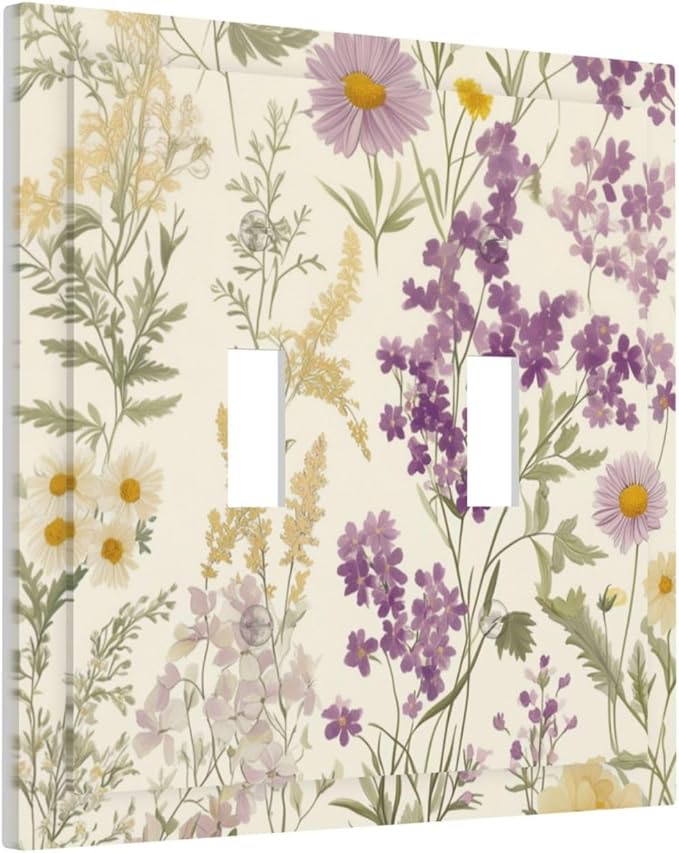 Watercolor Floral Leaves 2 Gang Light Switch Cover Small Purple Flowers Daisies Double Toggle Wall Plate Decorative Electrical Switchplate Covers for Country Bedroom Kitchen Living Room Decor