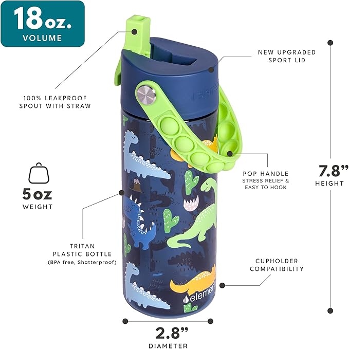 Elemental Water Bottles for Kids - Splash Kids Water Bottle for School with Pop-it Handle - BPA Free Tritan Plastic Water Bottle with Straw Leak Proof when Spout is Closed - Dinosaur- 18oz
