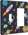 Rocket Planets Astronaut Blue Decorative 2 Gang Light Switch Covers Single Toggle Rocker Combo Wall Plate Electrical Faceplate Decorative Switchplate for Nursery Kidsroom Bedroom Decor