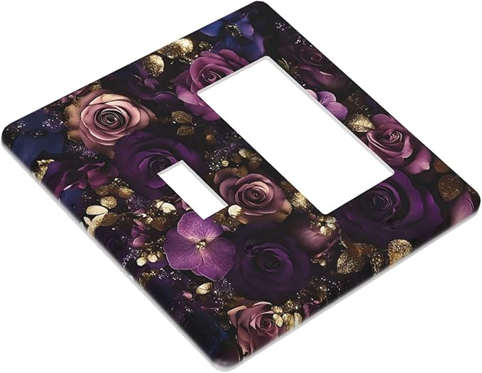 Decorative Toggle Switch Cover Plate with Luxurious Purple Roses Gold Accents Leaves Design 2-Gang 1-Gang Standard Wall Plate Light Switch Cover for Romantic Bedroom/Living Room Decor