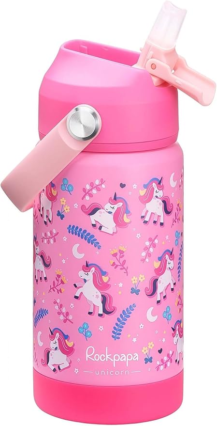 rockpapa 14 oz Kids Insulated Water Bottle，Stainless Steel Toddler Cups with Straws, BPA Free, Leak-Proof, Kids Water Bottle for School Boys& Girls (Pink Unicorn)