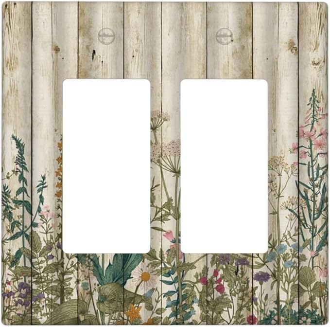 Vintage Wild Flowers Botanical Green Leaves Plants 2 Gang Rocker Decora Light Switch Covers Decorative Rustic Wood Plank Dual Outlet Covers Wall Plate Electrical Faceplate Switchplate GFCI