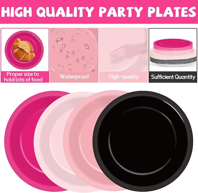 96Pcs Hot Pink and Black Party Supplies Black and Pink Paper Plates and Napkins Birthday Decorations Disposable Tableware Set for Women Girls Bachelorette Birthday Wedding Party Decorations Serves 24