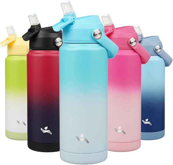 Konokyo Insulated Water Bottle with Straw Lid,24 oz Stainless Steel Vacuum Metal Bottle with Silicone Handle,Sea Salt