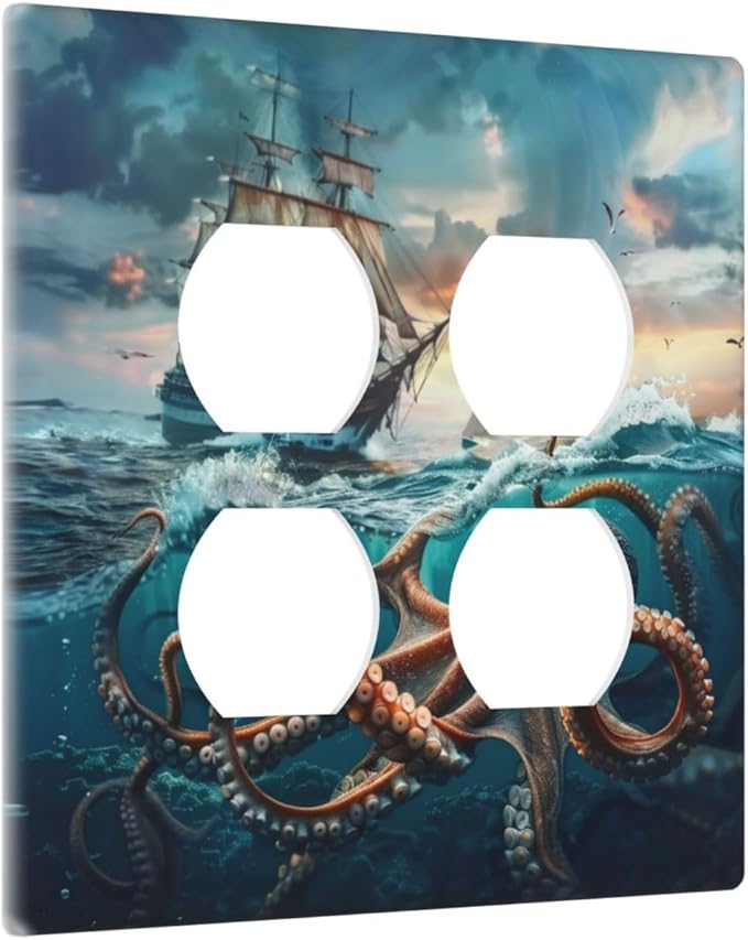 Decorative Outlet Covers Sailboat Ship Octopus Ocean Sea Waves 2 Gang Decorative Switch Plate Double Duplex Wall Plates Switch Plates and Outlet Covers for Bathroom Bedroom Decor