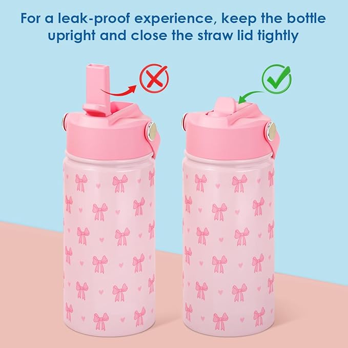 SANDJEST Kid Water Bottle 12oz with Straw Lid - 2-Pack Insulated Stainless Steel Water Bottles for Kids Girls - Travel Cup for School Sports, Bow & Heart