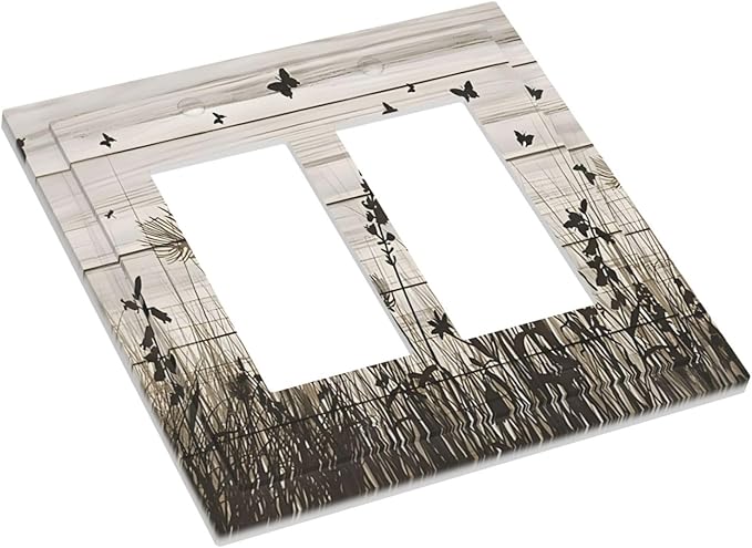 Wildflower Butterfly Grass Dandelion Vintage Wooden Print Decorative Outlet Covers 2 Gang Double GFCI Rocker Electrical Wall Panels Light Switch Cover Plate for Farmhouse Home Decor
