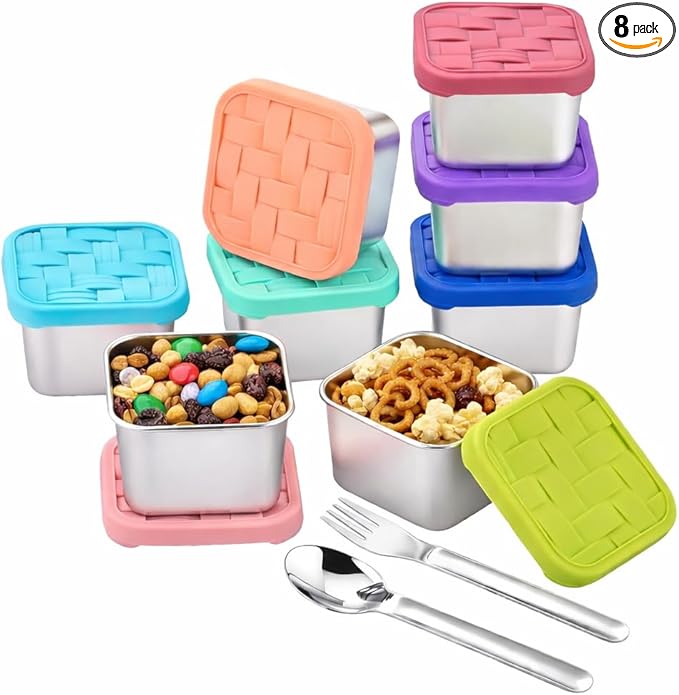 8PC 6oz Stainless Steel Snack Containers with lids, BPA-Free Metal Kids Snack Cups with Fork and Spoon, Leakproof Lunch Box Containers，Resuable Baby Food Storage Bowl