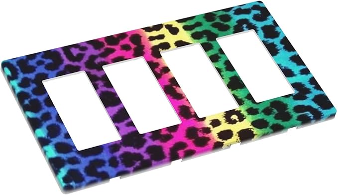 Rainbow Leopard 4 Gang Quad Rocker/GFCI Light Switch Wall Plate Cover Plate Decorative Electrical Faceplate for Colourful Leopard Bathroom Room Decorate Jumbo Size Screwless 8.3" x 4.6