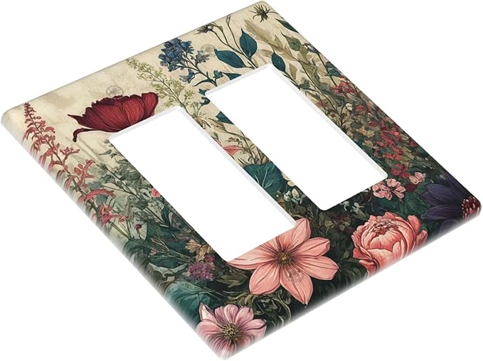 Decorative Outlet Covers Rustic Wildflower Red Floral Green Plant 2 Gang Wall Plate Double Rocker Two Switch Wall Cover Plate Jumbo Dual Electrical GFCI Face Plate