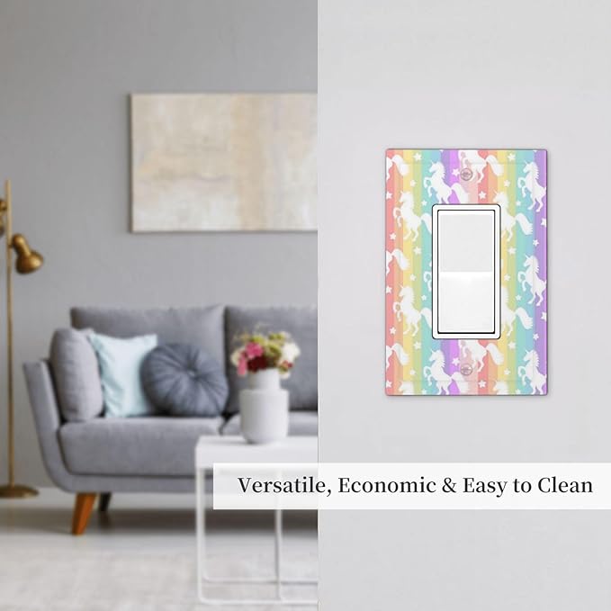 Funny Colorful Girly Rainbow Unicorn Kid Girl 1 Gang Decorator/Rocker Wallplate Single Decorator Outlet Light Switch Cover Cute Girly Decorate Decorative One Device Electrical Faceplate Cover Dimmer