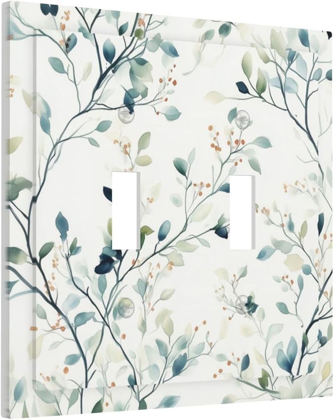 Watercolor Floral Green Leaves 2 Gang Light Switch Cover Green Botanical Flowers Double Toggle Wall Plate Decorative Electrical Switchplate Covers for Bedroom Kitchen Living Room Decor