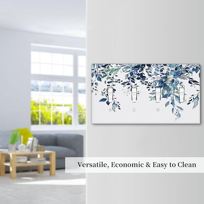 Blue Eucalyptus Watercolor Leaves Quad Toggle Light Switch Cover Decorative Green Plant 4 Gang Wall Plate Electrical Faceplate Switchplate for Kidroom Bathroom Bedroom Living Room Decor