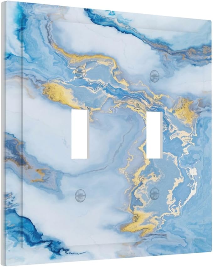 Beautiful Marble Texture Blue Gold Fluid Abstract Print Decorative Switch Plates 2 Gang Double Toggle Outlet Light Switch Cover Wall Plate Electrical Faceplate for Bedroom Bathroom Decor