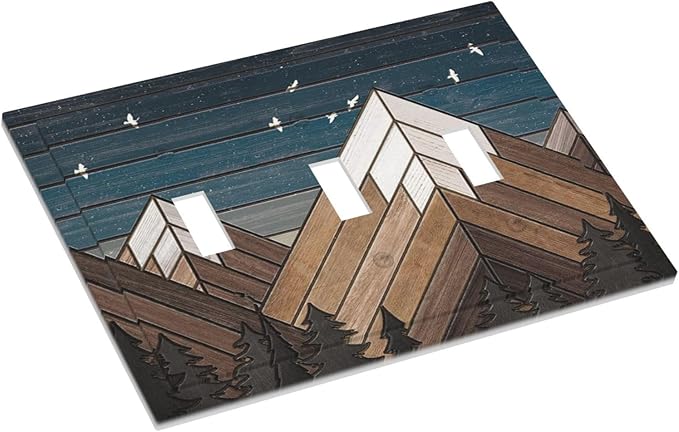 Rustic Geometric Mountain Wilderness Wood 3 Gang Light Switch Cover Triple Toggle Wall Plates Decorator Receptacle Outlet Covers Electrical Switchplate Faceplate for Bedroom Bathroom Kitchen Decor