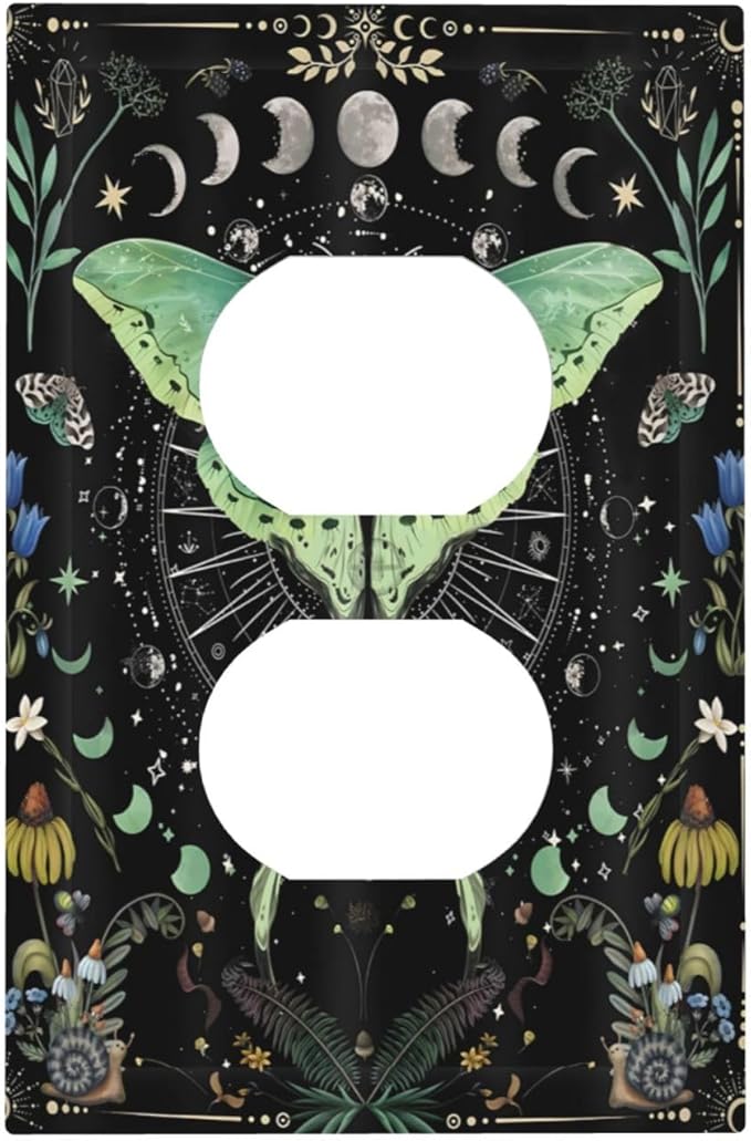 Moon Phase Butterfly Wildflower Plant Mysterious Night Moonlit Outlet Covers 1 Gang Duplex Light Switch Cover Decorative Switch Plates Electrical Receptacle Faceplate Wall Plate for Bedroom Home Decor