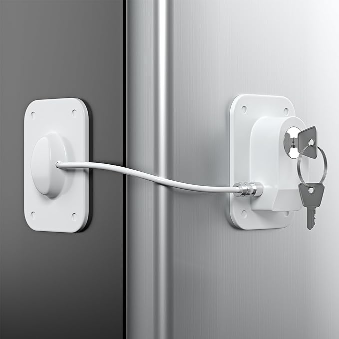 RORMGO Refrigerator Lock 2 Packs, Fridge Lock with Silicone Wire Protection Fridge Locks for Kids Easy to Use and Install Cabinet Locks with Key, White