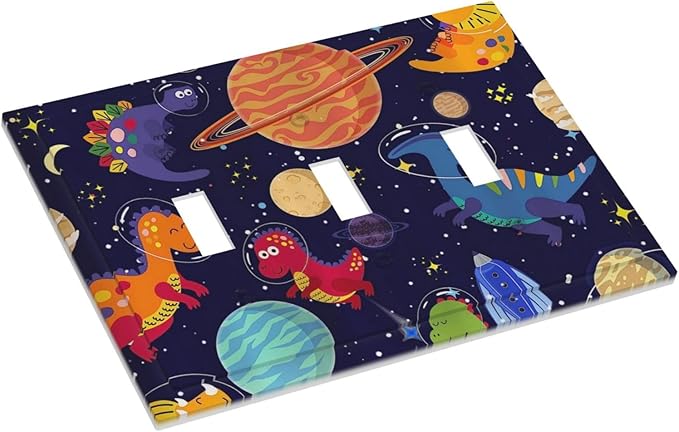 Navy Blue Cute Cartoon Dino Dinosaur Decorative 3 Gang Toggle Light Switch Covere Plate Kids Universe Galaxy Outer Space Planet Nebula Boy Electrical Outlet Switch Face Wall Plate Cover Jumbo Size
