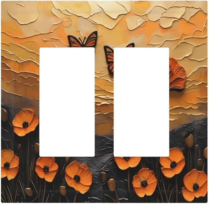 Oil Painting Flower Sunset Butterfly Vintage Rustic Floral Decorative Outlet Covers 2 Gang Double GFCI Rocker Electrical Wall Panels Light Switch Cover Plate for Bedroom Living Room Decor