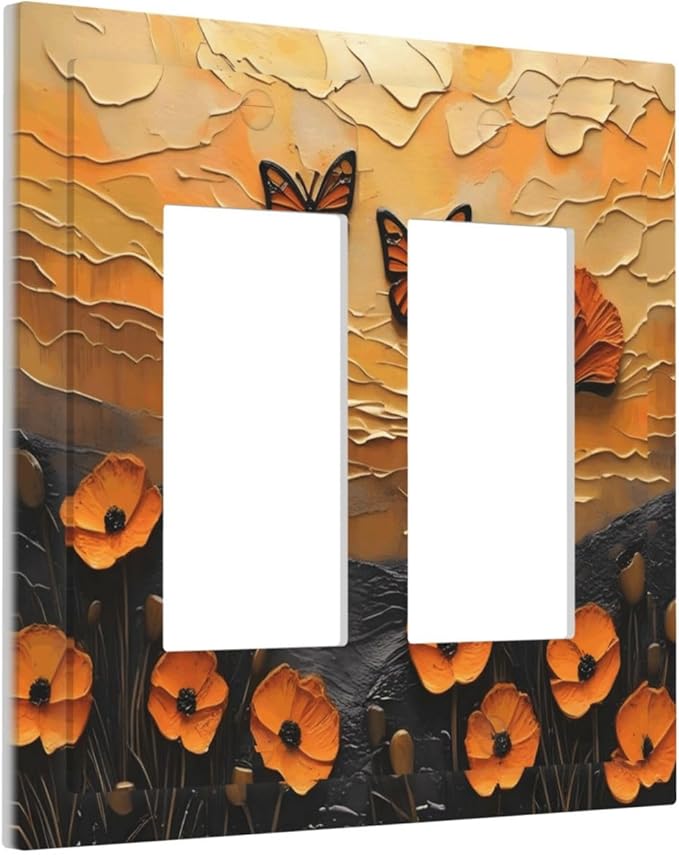Oil Painting Flower Sunset Butterfly Vintage Rustic Floral Decorative Outlet Covers 2 Gang Double GFCI Rocker Electrical Wall Panels Light Switch Cover Plate for Bedroom Living Room Decor