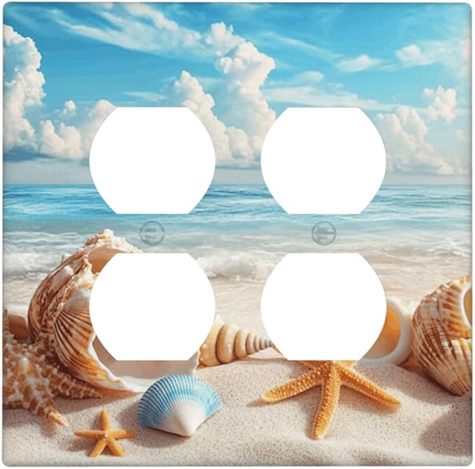 Beach Coastal Seashore Sea Starfish Shell Sand Outlet Covers 2 Gang Double Duplex Decorative Light Switch Covers Electrical Wallplates Socket Faceplate for Bathroom Home Decor