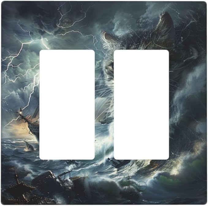 Light Switch Cover Plate funny Cat Stormy sea Lightning Sailboats 2 Gang Double Rocker Outlet Covers Decorative Switch plates Electrical Wall Plates GFCI Receptacle for Bathroom Kid Room Decor